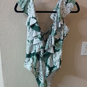 Green Leaf Print One-Piece Swimsuit